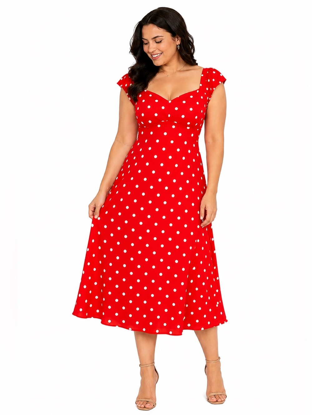 Express Red Polka Dot Sweetheart Neck Puff Sleeve Midi Minnie Dress M Medium